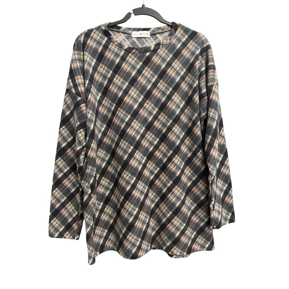 Coco and Main Plaid Elbow Patch Pullover Top XL Grey Black Tan VT21251 Fleece